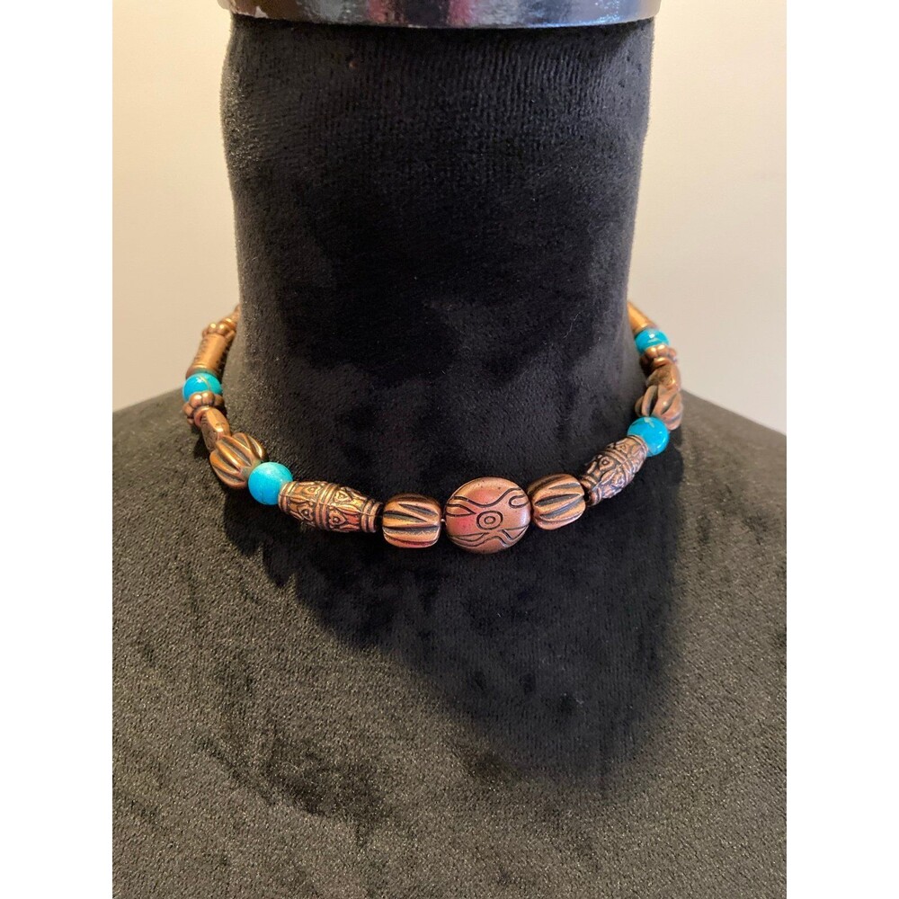 Choker Necklace Bronze & Turquoise Colored‎ Beads Indian Western Southwest Look